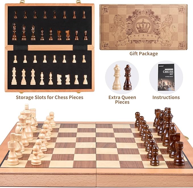 AMEROUS Magnetic Wooden Chess Set, 15 Inches Handmade Wooden Folding Travel Chess Board Game Sets with Chessmen Storage Slots for Kids and Adults, 2 Bonus Extra Queens, Gift Box Packed