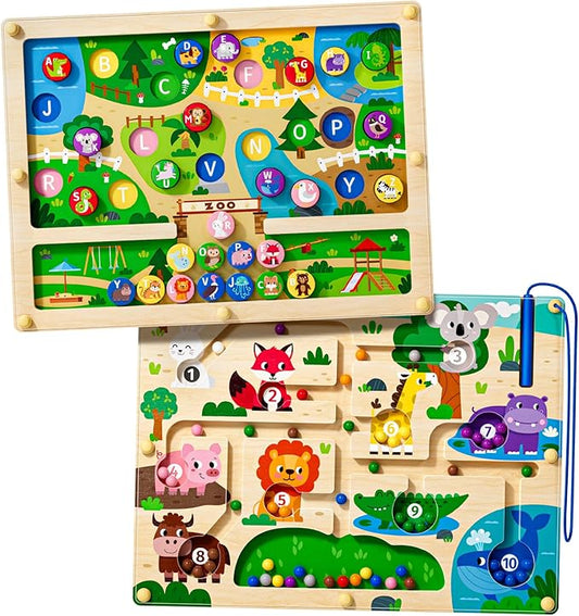 2 in 1 Magnetic Color and Number Maze Magnet Alphabet Counting Dinosaur Double Sided Board Wood Puzzle Fine Motor Skills Montessori Preschool Toys Gifts for Boys and Girls 3-5 Age (Zoo, One Size)