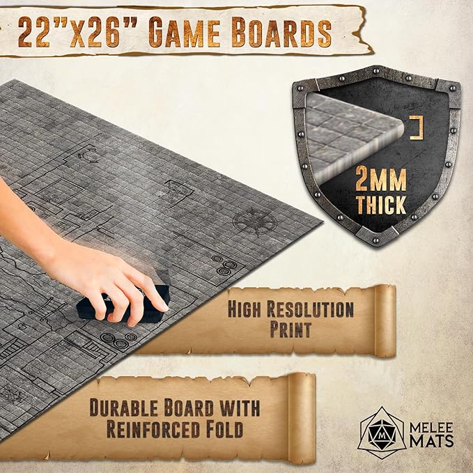 Melee Mats DND Map Starter Kit for Dungeons & Dragons Game - 22” x 26" Double Sided, Wet/Dry Erase Battle Terrain Grid - Ultimate Tabletop Board Gaming Experience with Accessories