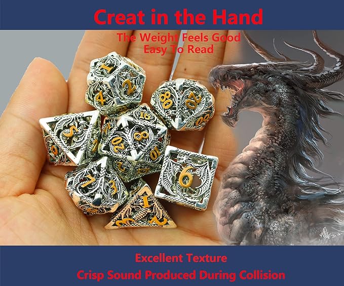 Metal DND Dice Set Dungeons and Dragon Dice Set Hollow Dragon Polyhedral Magic 7 PCS Dice Set with Gift Metal Box for Dungeons and Dragons Table Games Play Cards MTG(Dragon_Ancient Silver and Gold)