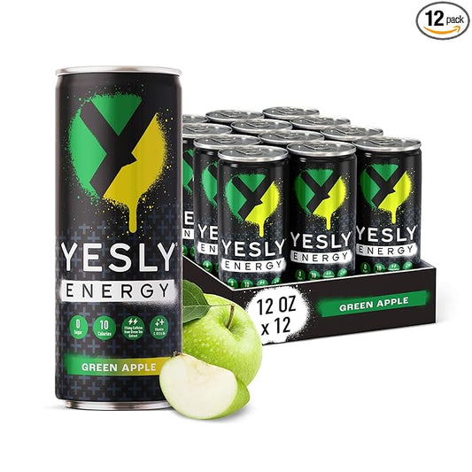 Yesly Energy Drink, Green Apple, Naturally Flavored Sparkling Energy Drink With Electrolytes, Magnesium, Potassium, Vitamin C, B6 & B12, Natural Caffeine From Green Tea, 12 Fl Oz Cans, 12 Pack