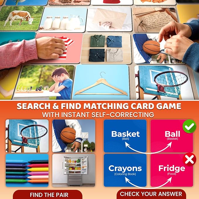 QUOKKA 208 Vocabulary Flash Cards Set - Go Together and Opposites Matching Card Game with Realistic Images for Pre-K and Kindergarten - Perfect for Teachers, Parents, and Speech Development Activities