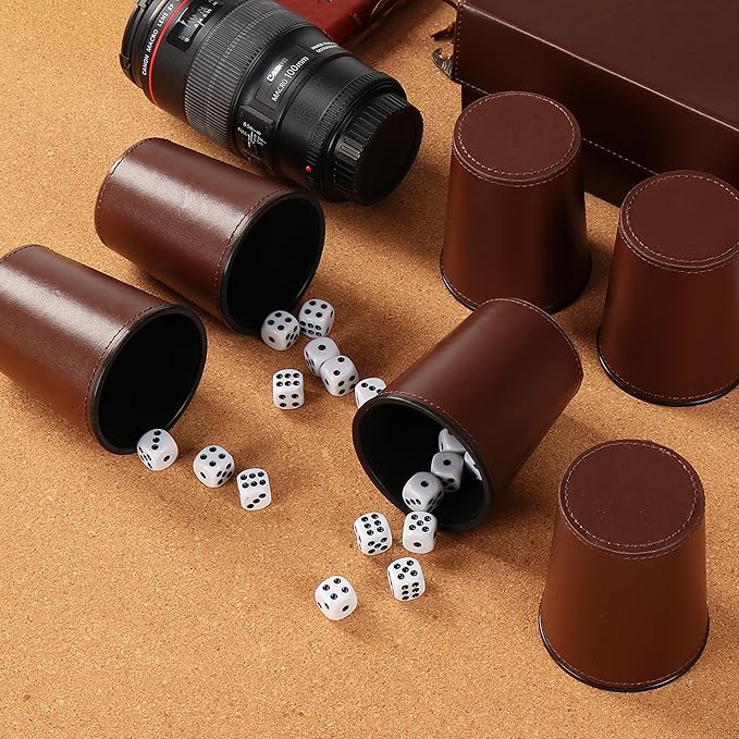 10x Dice Cup Set, PU Leather Dice Shaker Cups with 50 Dices for Bar Party Yahtzee Farkle Dice Games, Coffee (10, Brown)