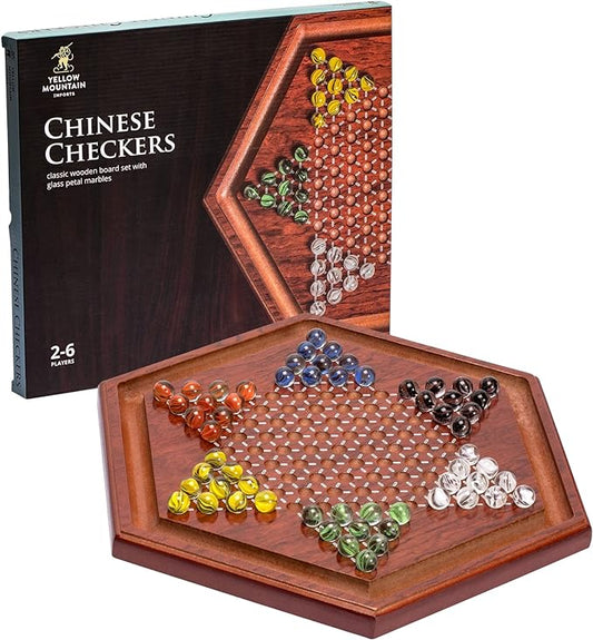 Yellow Mountain Imports Wooden Chinese Checkers Halma Board Game Set - 13.6-Inch - with 60 Colored Petal-Style Glass Marbles (16-Millimeter) - Classic Strategy Game