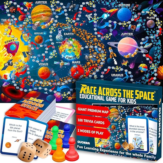QUOKKA Space Board Game for Kids 8-12 - Learning Family Game for Teens and Adults - 130 Question Cards - Top Facts - Play Indoor & Outdoor - Educational Solar System Toy for 6 10 Year Olds