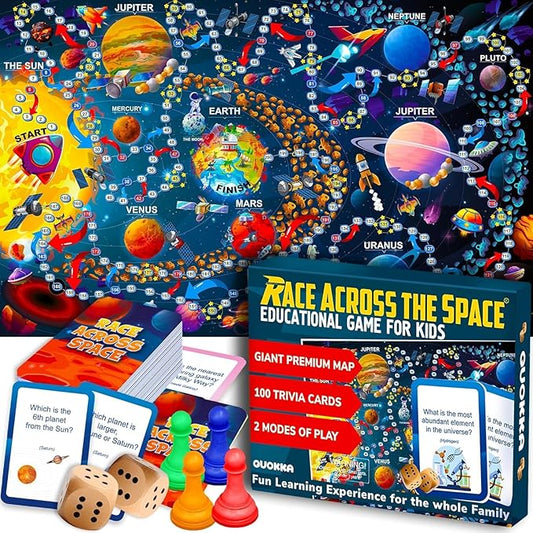 QUOKKA Space Board Game for Kids 8-12 - Learning Family Game for Teens and Adults - 130 Question Cards - Top Facts - Play Indoor & Outdoor - Educational Solar System Toy for 6 10 Year Olds