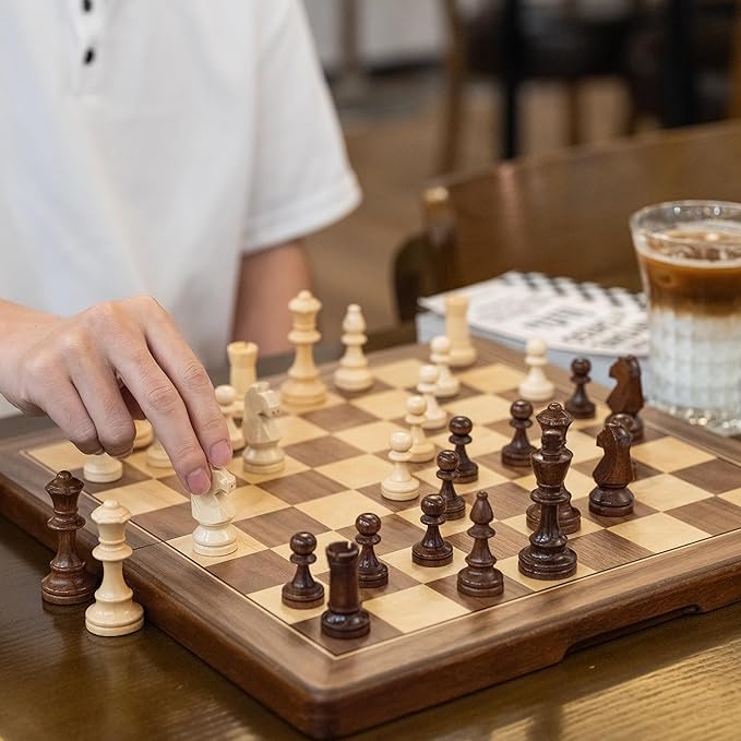 15 Inches Magnetic Wooden Chess Set, Portable Travel Chess with Magnetic Lock, Handmade 3 Inches King Height Knight Staunton Chess Pieces with 2 Extra Queen, Folding Chess Board for Adults