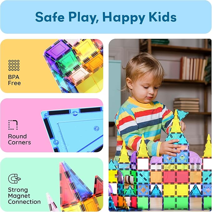 PicassoTiles 152PC Magnetic Tiles Mirror Theme Building Blocks Magnet Toys Construction Sensory Toy Set with Car for STEM Educational Playset Kid Brain Development Gifts for Kids Toddler Age3+ PT152