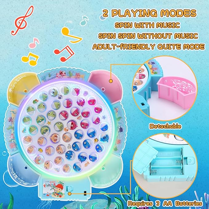 Light Up Fishing Game Toys, Rotating Board Game with Music Including 45 Fishes and 8 Fishing Poles, Party Game Toys for Kids Age 4 5 6 7 8 and Up