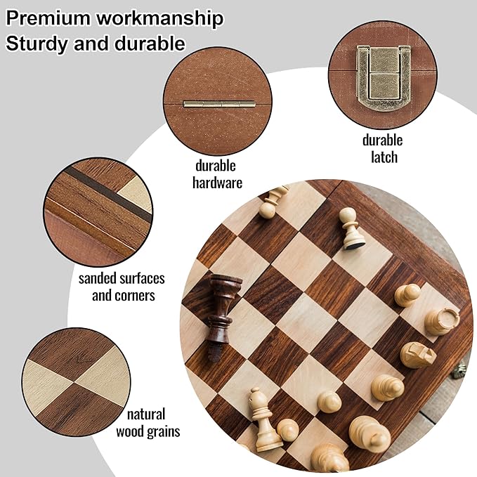 Magnetic Wooden Chess & Checkers Board Game - 15" Folding Chess Board(2 in 1)- Handcrafted Chesspiece (includes 2 Extra Queens) and Storage Slots- Portable Travel Board Games for Adults Kids, 6 up Age