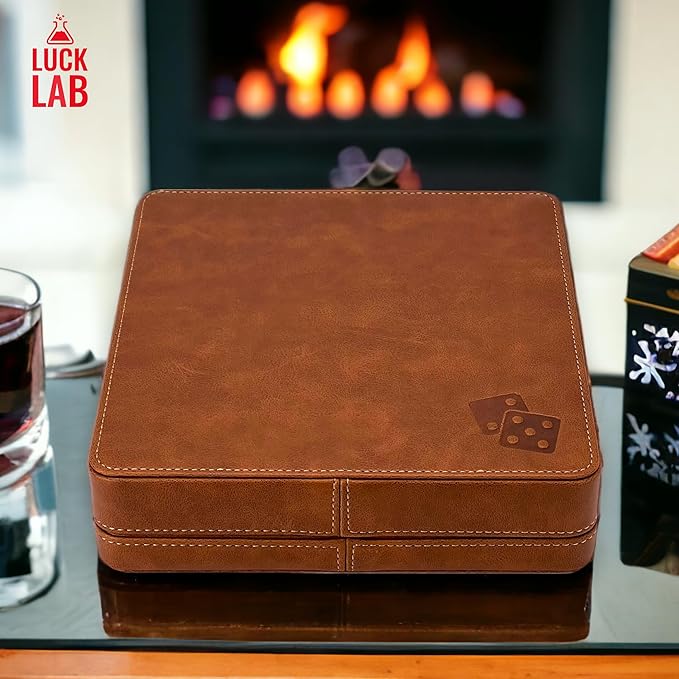 Luck Lab Farkle Dice Tray and Storage Case - Includes Embedded Scoring Combinations, 2 Sets of 6 Pearl Dice, 40 Sheet Score Pad and Pen Holder for The Classic Family Game (Brown)