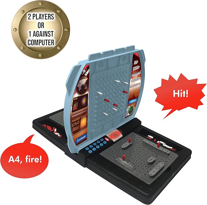 LEXIBOOK Talking Sea Battle (French, English, Spanish, Portuguese), Electronic Board Game 1 or 2 Players, Interactive, Light and Sound Effects, Strategy, batteriy Operated, Grey/Black, GT2800i1