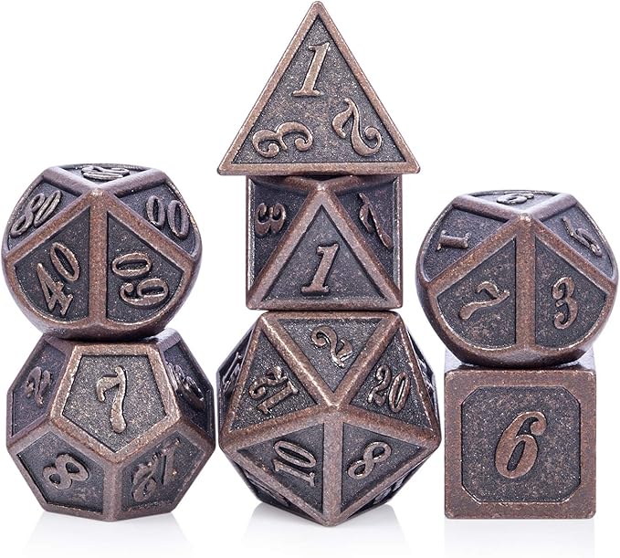 D&D Metal Dice Set, DNDND 7PCS Metallic Ancient Copper Dice with Metal Case for DND Dungeons and Dragons Table Games Roly Playing Rolling