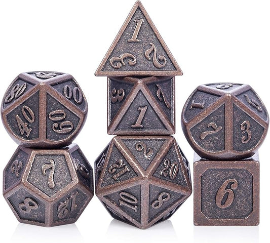 D&D Metal Dice Set, DNDND 7PCS Metallic Ancient Copper Dice with Metal Case for DND Dungeons and Dragons Table Games Roly Playing Rolling