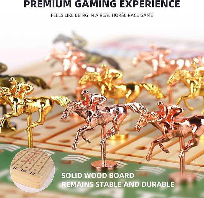 21 Inches Horse Race Board Game, Horse Racing Game with Cards and Dice, 11 Metal Horses, 60 Pcs Poker Chips Set, Solid Wood Across The Board Horse Race Game for Adults Family Friends