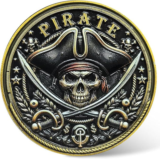Pirate Challenge Coin – Adventure-Themed Zinc Alloy Coin with Treasure Map Design – 1.57 Inch Collectible Coin with Skull and Cross Swords ﻿ ﻿ ﻿