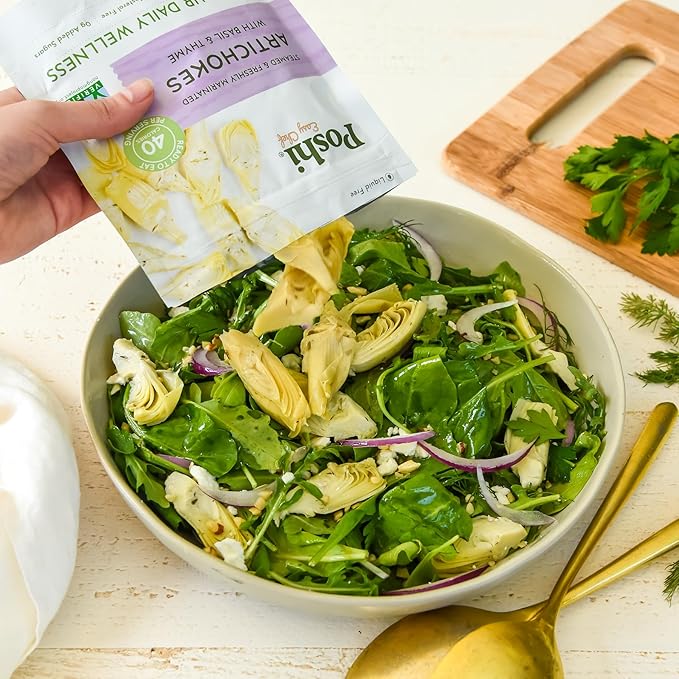 POSHI Marinated Artichoke Hearts with Basil + Thyme Natural, Keto, Vegan, Non GMO, Low Carb + Calorie, Gluten Free Ready to Eat Fully Cooked Vegetables, Pentry Food, Gourmet, Healthy 6 Pack, 4.4 oz