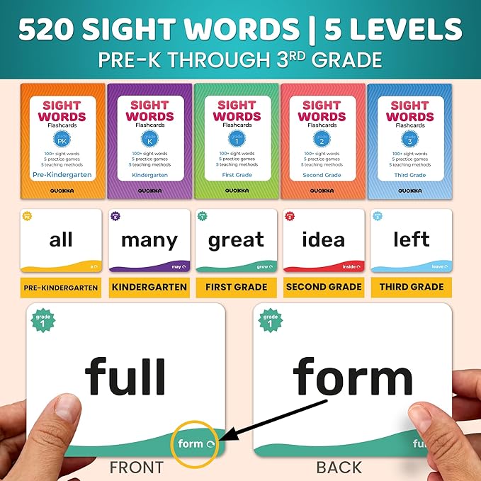 QUOKKA 520 Sight Words Flash Cards for Kids Adults – Based on Dolch & Fry High Frequency Word Lists – Pre-K to 3rd Grade – 5 Levels Color-Coded Bold Font Large Size