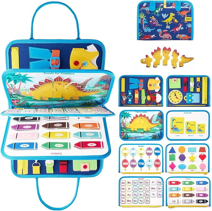 Busy Board Sensory Toys for Toddlers 1 2 3 4, Toddler Travel Activities Educational Toys, Montessori Toys for 2 3 4 Year Old Boys Girls Gift, Dinosaur