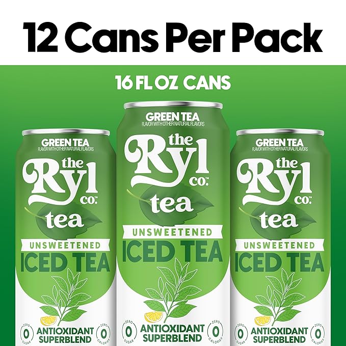 Ryl Unsweetened Green Iced Tea – Antioxidant Superblend, No Artificial Ingredients, Zero Sugar, Zero Calorie, Low Carb, Non-GMO, Kosher, Gluten Free, Made in the USA, 12-Pack, 16 Fl Oz