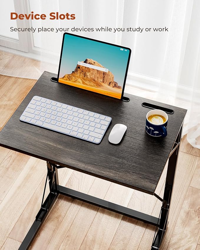 21''Wx28''H Folding TV Tray for Eating, Small Foldable C-Shaped Tray Table with Tablet and Phone Slots, Slide Under Couch Side Table for Recliner, Living Room, Bedroom, Deep Grey