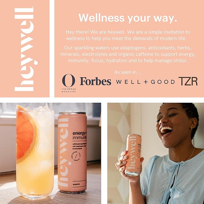 Heywell Sparkling Adaptogenic Water, Energy and Immunity, Grapefruit Flavor, 12 Fluid Ounce (Pack of 12) - Caffeinated, Organic, Non GMO, Vegan, Gluten Free, Dairy Free