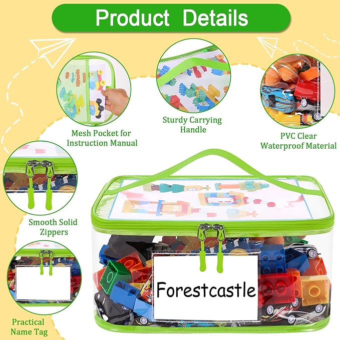 Upgraded 6 Pack Clear Toy Storage Bag - with Name Tag Manual Pocket, Transparent PVC Toy Organizer Case with Zipper for Board Game, Building Block, Puzzle, Large Capacity for Kids Ages 6+ (Colorful)