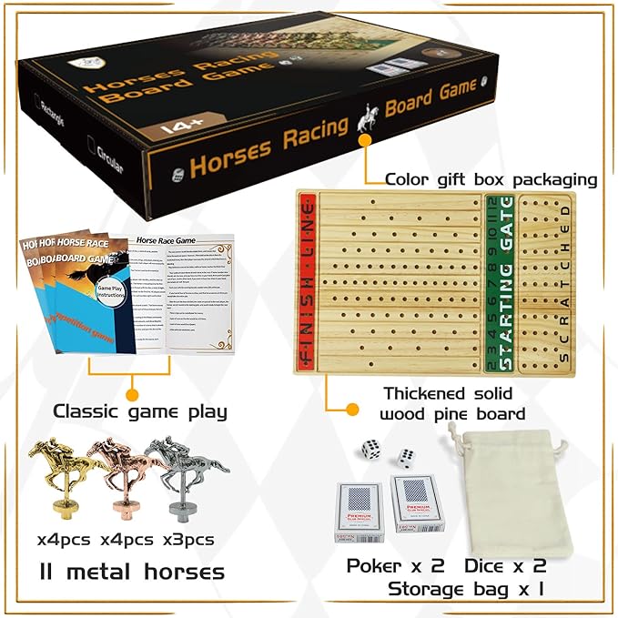 Horse Race Board Game Racing Game Thickened Solid Wood with 11 Luxurious Durable Classic Metal Horses with 2 Dice and 2 Boxes of Cards Horse Racing Game (Log Color, Rectangle)