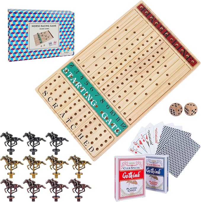 Horse Race Board Game – Thickened Wooden Chessboard with 11 Metal Horses, 2 Dice & 2 Card Decks, Family-Friendly Horse Racing Tabletop Game for Kids, Adults, Friends & Strategy Game Nights