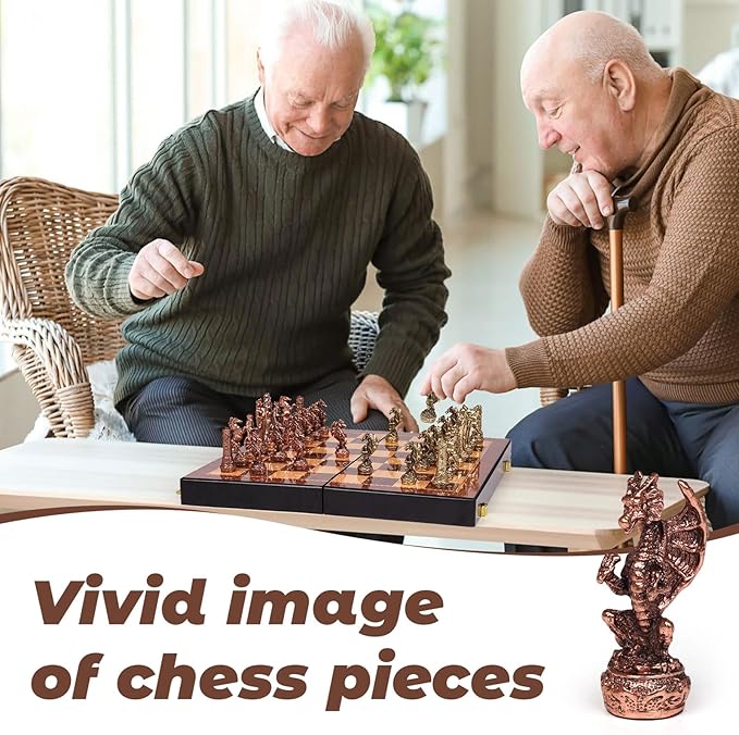 Vintage Figurine Metal Chess Set for Adults and Kids – Wooden Chess Board with Metal Chess Pieces Travel Chess Set with Metal Chessmen – Collectible Elegant Chess Game – Family Vintage Board Game