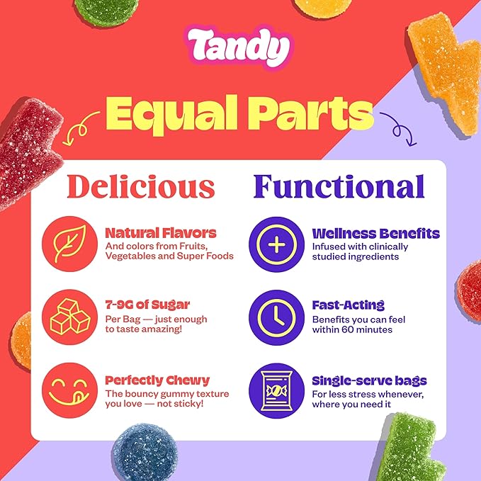 Tandy Stress Heads & Energy Bursts Gummies I GABA Amino Acid & Caffeine Gummy I Sour Fruit & Zesty Fruit Flavors I I Stress Relief & Energy Boost Gummies Variety Pack I 6-Pack