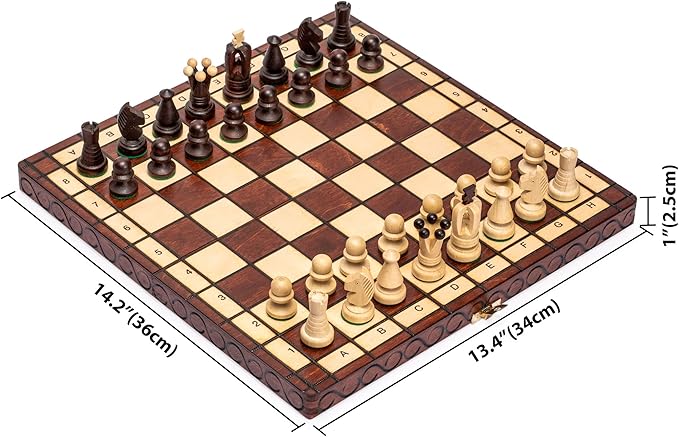 Husaria European International Chess Wooden Game Set, King's International - 14 Inches Medium Size Chess Set with Handcrafted Chessmen and Felted Folding Board