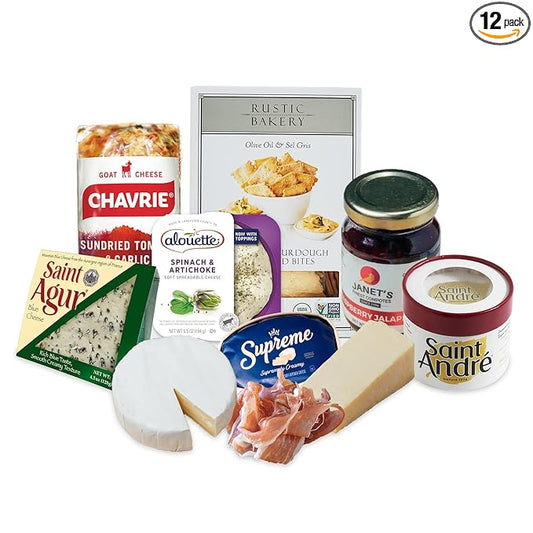 The Cheese Lover Shop Holiday Gift Box Party of 12, Cheese Platter with 7 Gourmet Cheeses with 4 Accompaniments, Cheese Sampler Gift Set