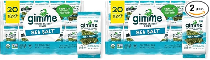 gimMe Organic Roasted Seaweed Sheets, Sea Salt, Keto, Vegan, Gluten Free, Great Source of Iodine and Omega 3’s, Healthy On-The-Go Snack for Kids & Adults, #1 Sea Salt, 0.17 Ounce (Pack of 40)