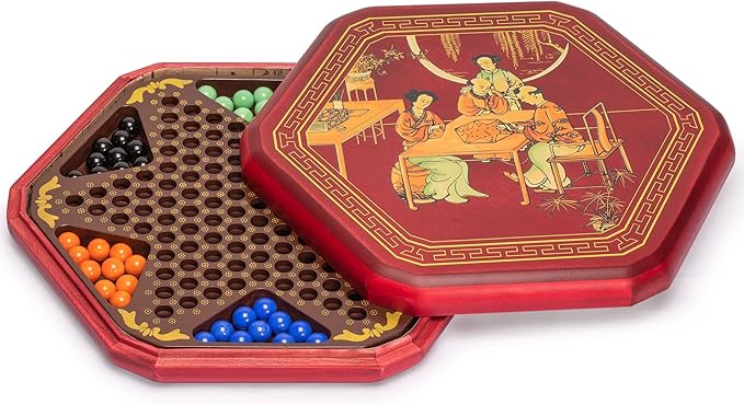 Yellow Mountain Imports Classic Chinese Checkers Halma Board Game Set with Storage, 12.6-inch Wooden Board, and Solid Color 16-Millimeter Glass Marbles