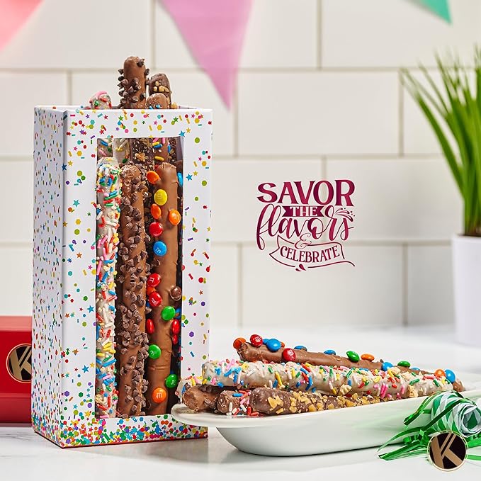 KREMERY Creamy Chocolate Cravings - Chocolate Covered Pretzel Rods Gift Basket, in Confetti Tower (10 Pretzels, Assorted Sweet Toppings) Food Arrangement, Kosher Dairy, USA Made