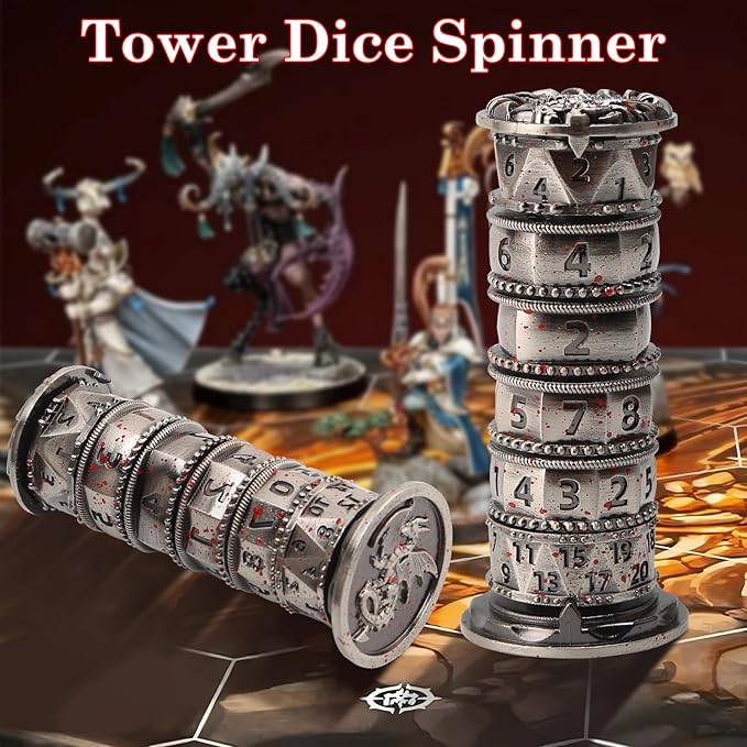 Pagoda Dice Spinner, 7 in 1 Metal Unique Roulette Dice for Sci-Fi, War, Crime Theme Tabletop Games
