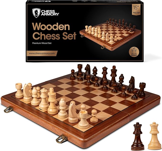 Chess Armory Wooden Chess Set 15 Inch - Premium Sapele Wood Handcrafted Game Board for Adults and Kids with Extra Queen Pieces and Storage Box - Ideal for Home and Travel - Non-Magnetic