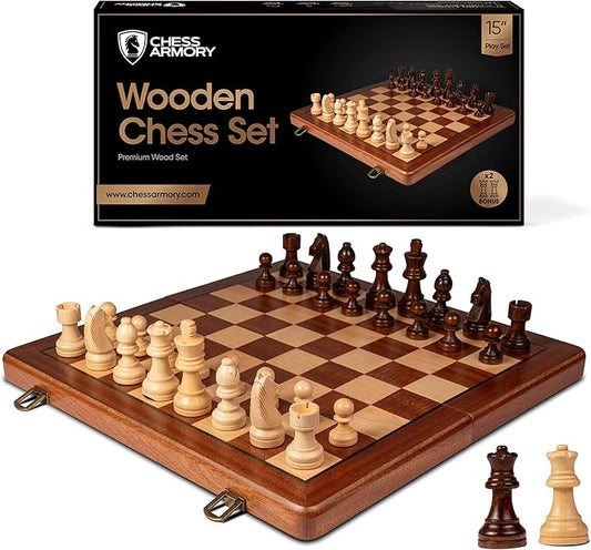Chess Armory Wooden Chess Set 15 Inch - Premium Sapele Wood Handcrafted Game Board for Adults and Kids with Extra Queen Pieces and Storage Box - Ideal for Home and Travel - Non-Magnetic
