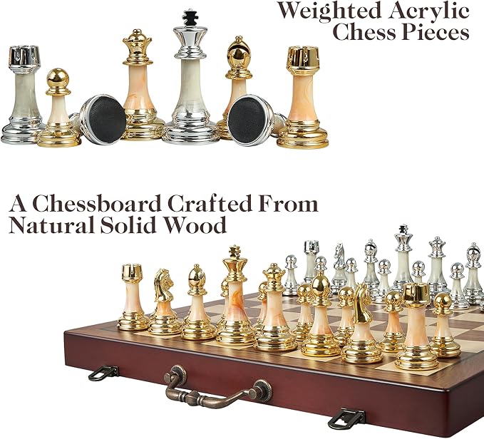 16.5" Large Wooden Chess Set with Weighted Acrylic Chess Pieces,Folding Chess Board Games with Handle 3.5" King Portable Classic Game for Adults and Kids
