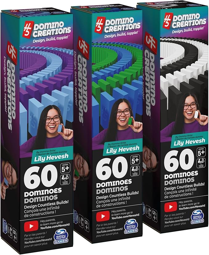 Spin Master Games, H5 Domino Creations, 180-Piece Dominoes Set by Lily Hevesh Colorful 3-Pack Bundle of 60-Piece Packs, Family Games for Ages 5+