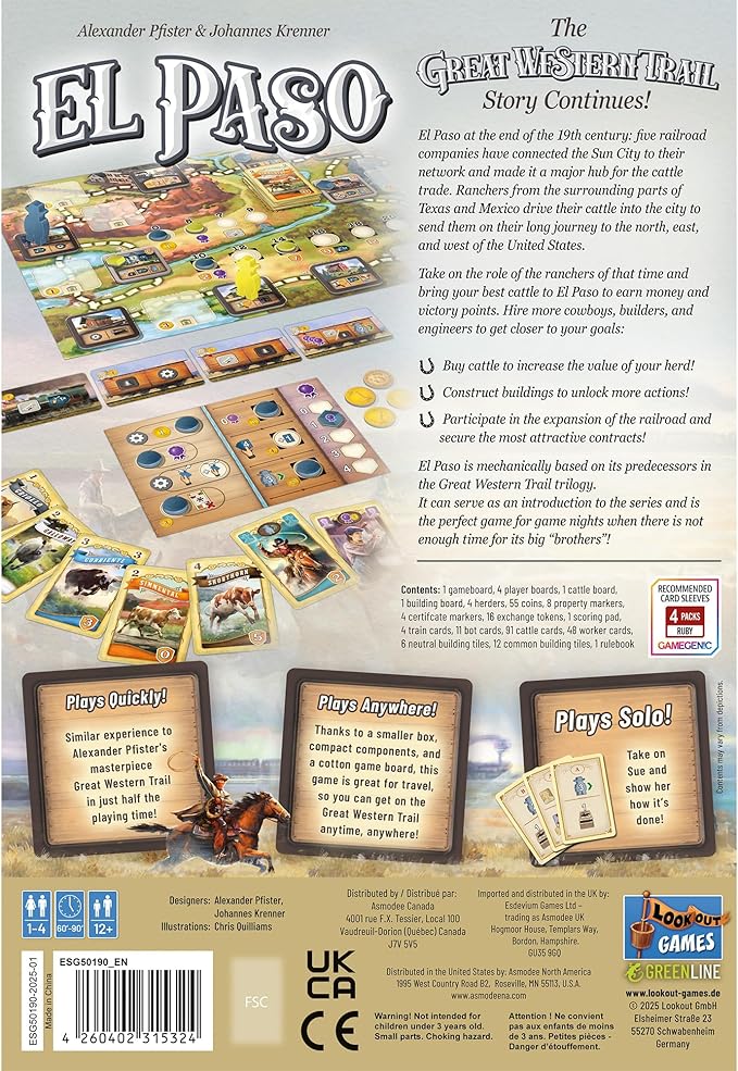 Great Western Trail El Paso Board Game - Fast-Paced Cattle Trade Strategy Game, Compact, Travel-Friendly for Kids & Adults, Ages 12+, 1-4 Players, 60-90 Min Playtime Made by Lookout Games