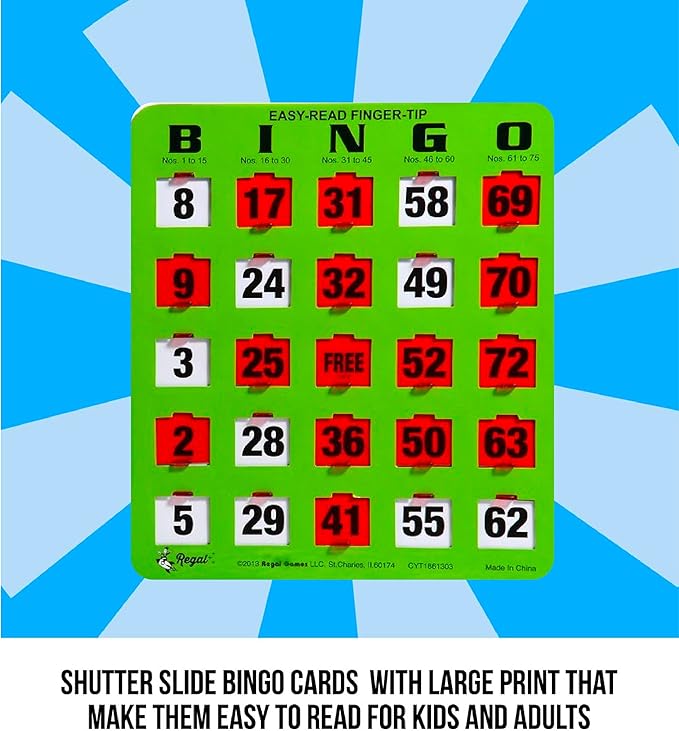 Regal Bingo - Shutter Slide Bingo Cards Only - 8” x 9” - 5-Ply Green Cardstock - Easy to Read - No Duplicates - Red Sliding Windows - Perfect for Large Groups, Bulk Purchasing