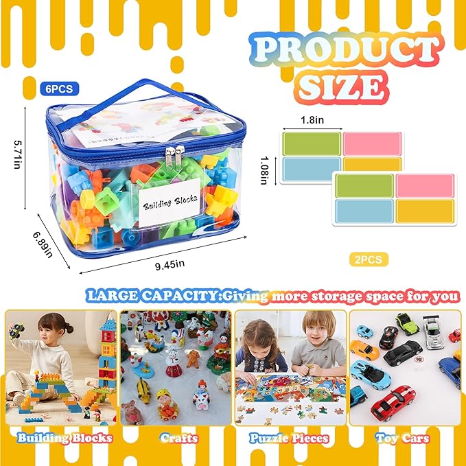 AOBOPLE 8 Pack Clear Toy Storage Bag with Name Tag & Manual Pocket, PVC Clear Toy Organizer Bags with Labels for Lego Bricks, Board Games, Building Blocks, Puzzles