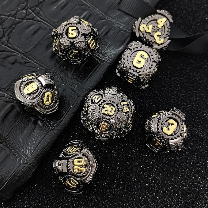 Geakeeper Construct D&D Dice, Metal DND Dice Set, 7Pcs Polyhedral Dragon Metallic D&D Dice with Gift Case for Dungeons and Dragon Game, RPG Role Playing Table Game Gifts (Black Gold)