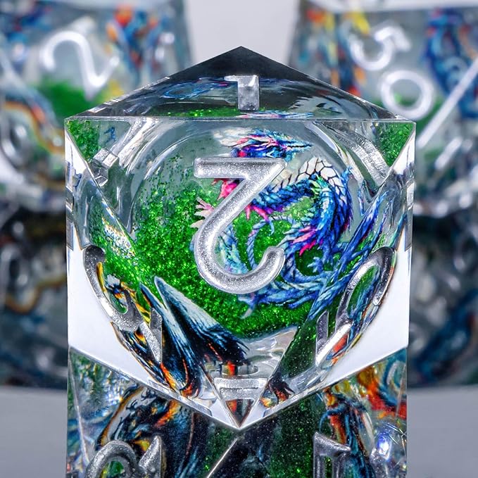 Dragon Pattern Liquid Core DND Dice Set, 7Pcs Resin Sharp Edge D&D Dice with Gift Box, Green Dungeons Dragons D and D Role Playing Game Dice D20 D12 D10 D8 D6 D4