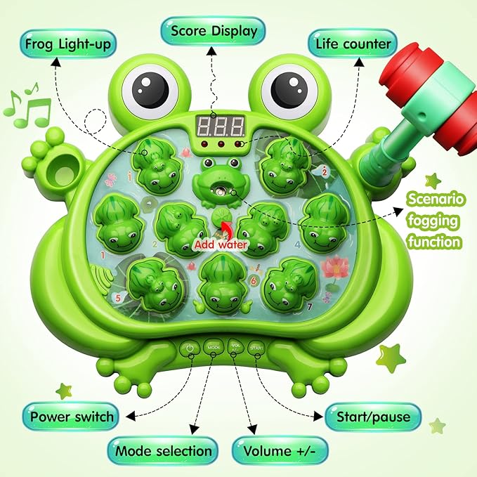 HopeRock Toys for 2 3 4 5 Year Old Boy,Toddler Toys Age 2-4, Whack A Frog Game,with 5 Modes,45 Levels,9 Music Spray and Light-up, Baby Toy Gifts for Early Learning, Birthday Gift for Toddler Boy Toys