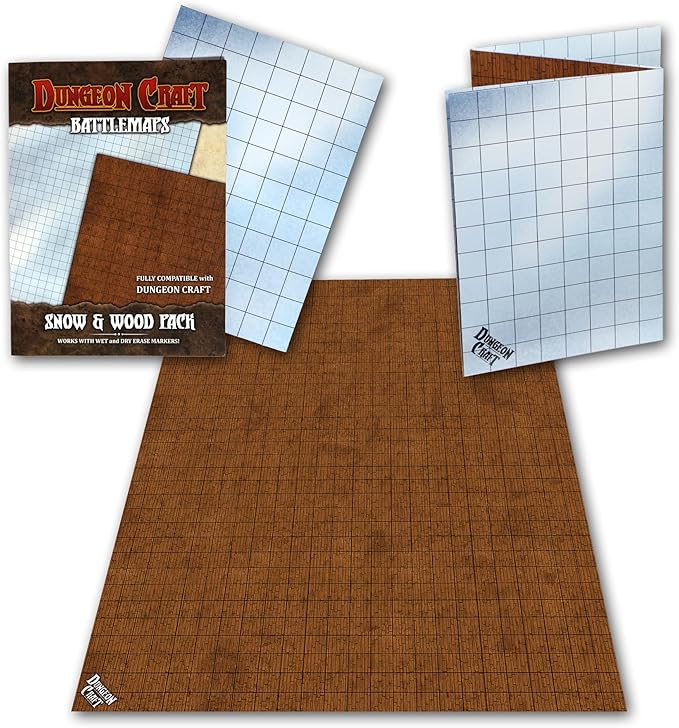 DUNGEON CRAFT Wood and Snow Battle Map – Double-Sided Waterproof Gloss Terrain Mat – Compatible with DND & TTRPG – 33 x 24 Inch Tabletop Grid