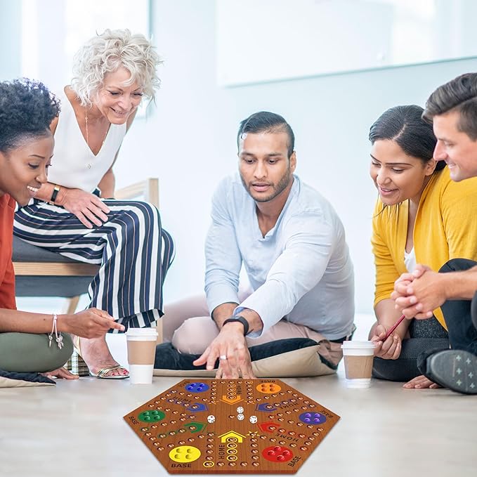 Wooden Board Game, Board Game Original Marble Game Double Sided Painted 2 to 6 Player Fast Track Wooden with 6 Colors 24 Marbles 6 Dice for Adults Kids Family(24 INCH Flame)