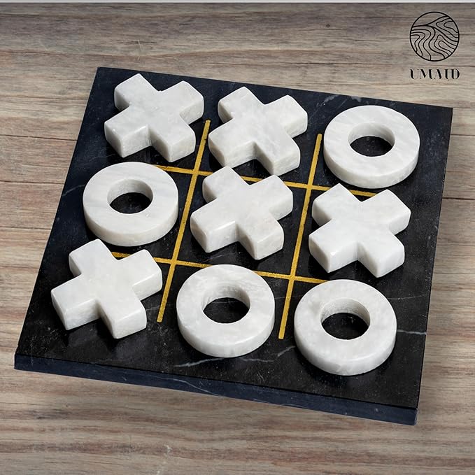 UMAID Marble Tic Tac Toe Game, Luxury Touch for Dad This Fathers Day, Handcrafted Marble Board with Velvet Gift Box, Solid Marble Unique Home Decor for Coffee Table, Desk, Office, Living Room